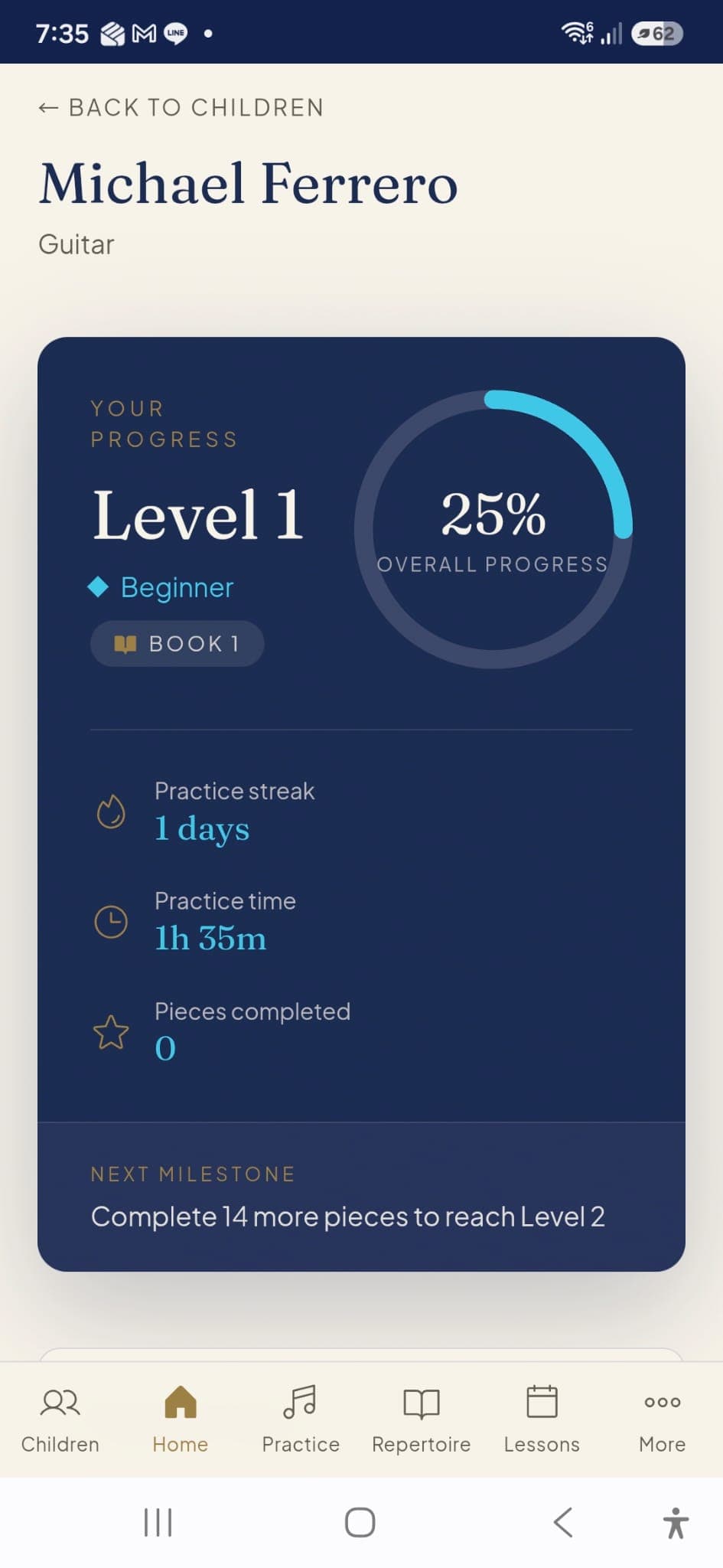 Track your overall progress, build your daily practice streak, and see your next milestone.