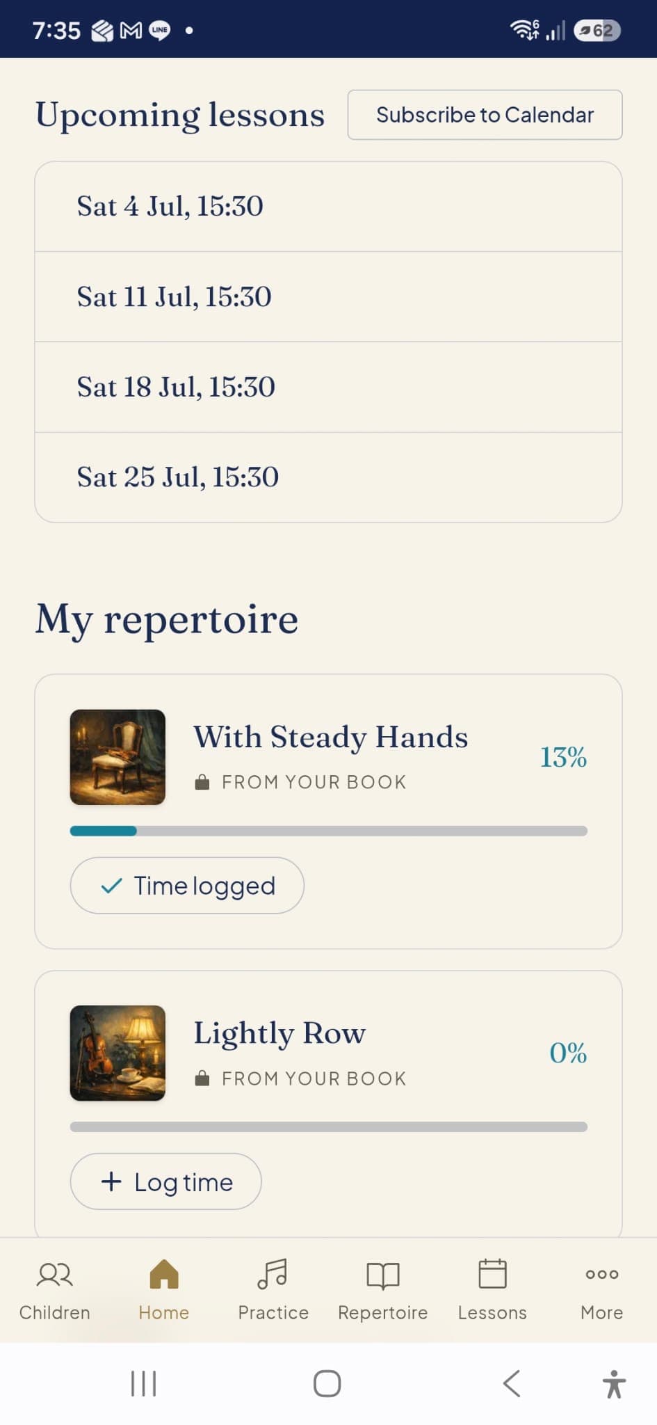 View your upcoming lessons and see exactly which pieces in your repertoire need practice.