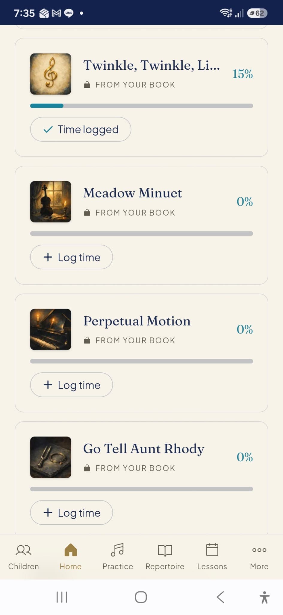 Tap to log your practice time for specific pieces directly from your assigned method book.