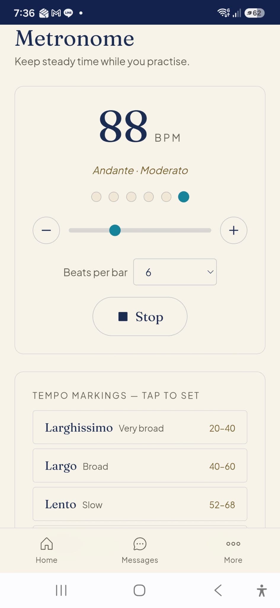 Use the built-in metronome to keep steady time while you practice, with handy tempo markings.