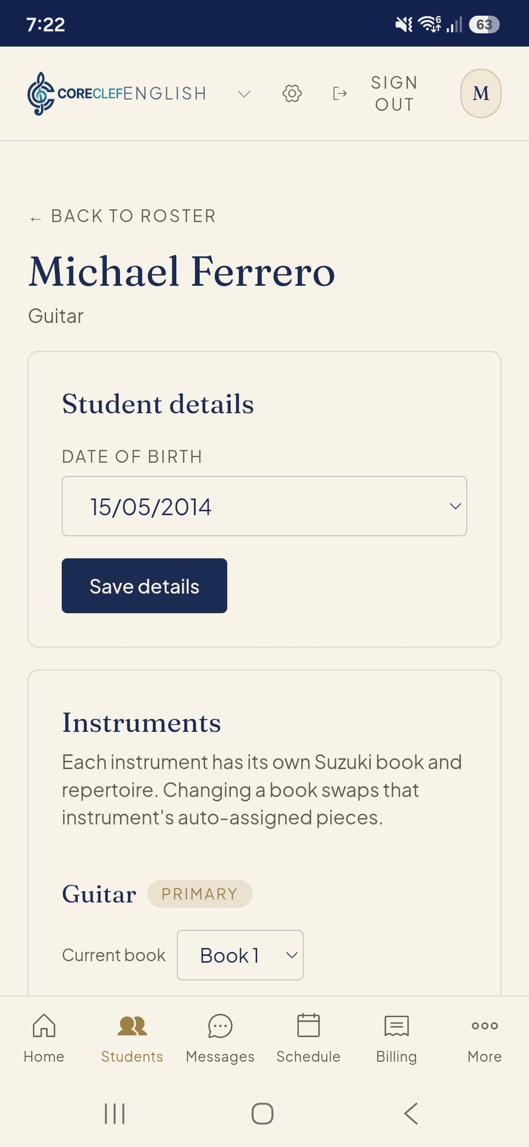 Manage your complete student roster, update details, and set their primary instrument and method book.