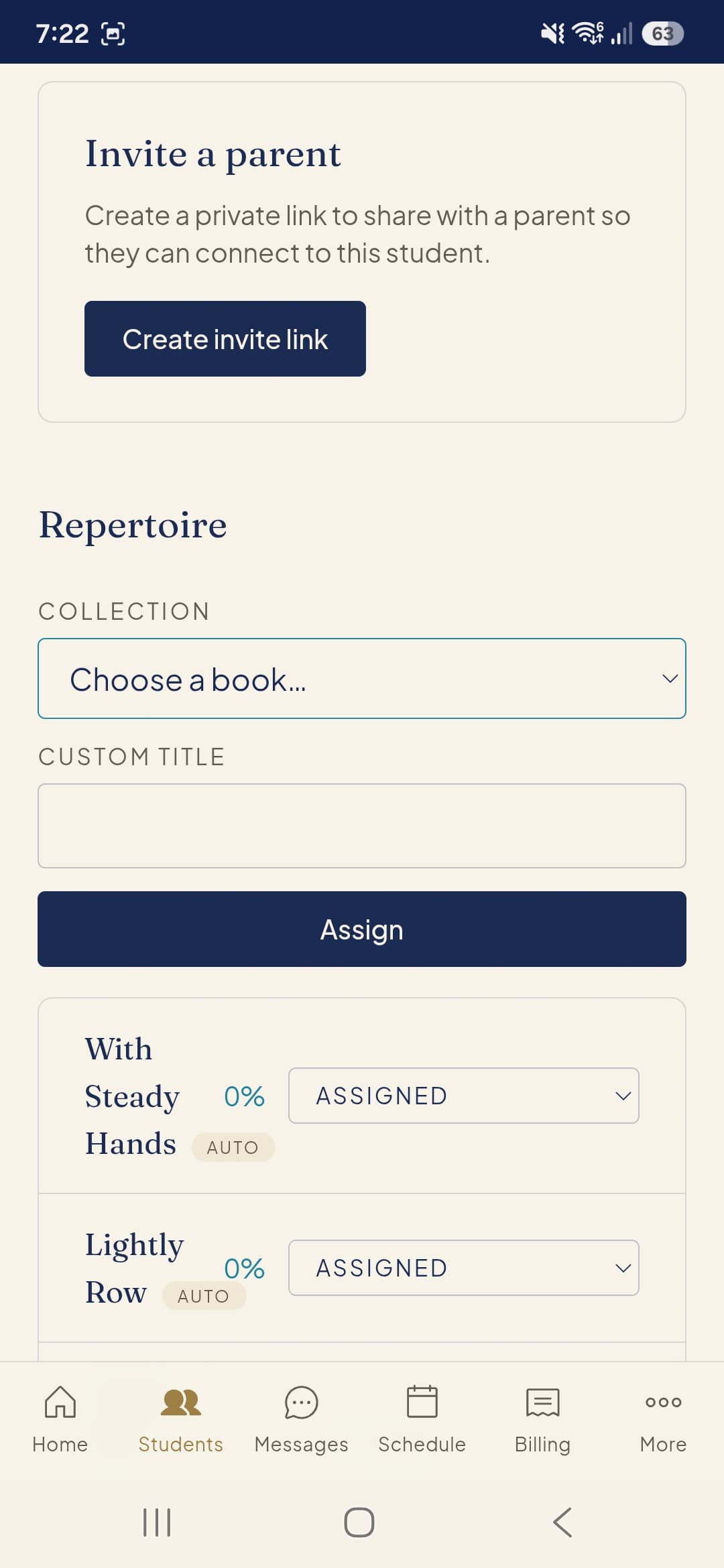 Invite parents to connect and assign specific repertoire from method books directly to a student's journal.
