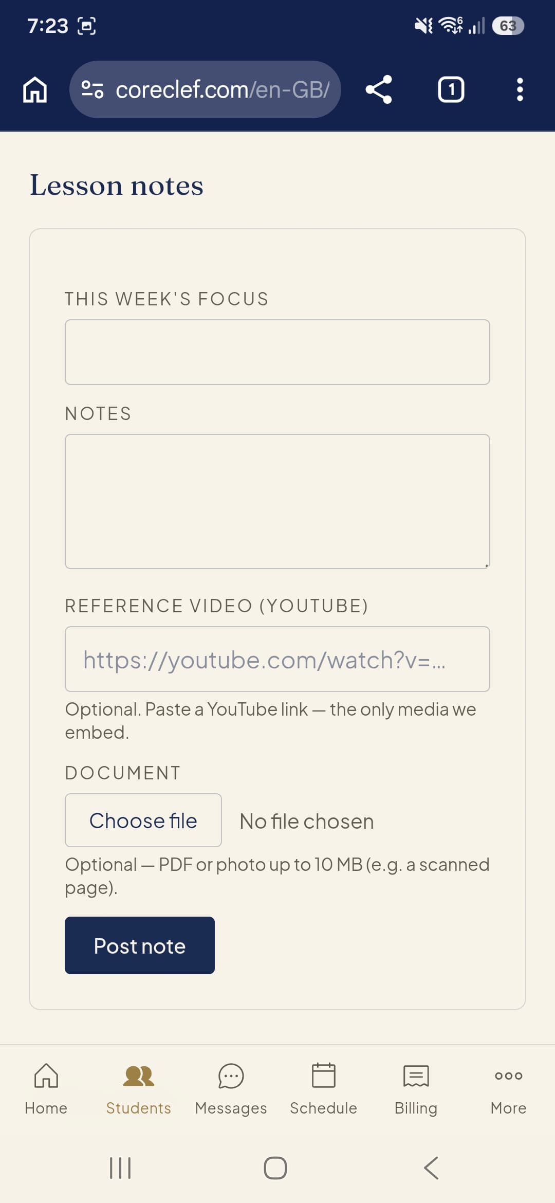 Write detailed lesson notes, including weekly focus, reference videos, and document attachments for home practice.