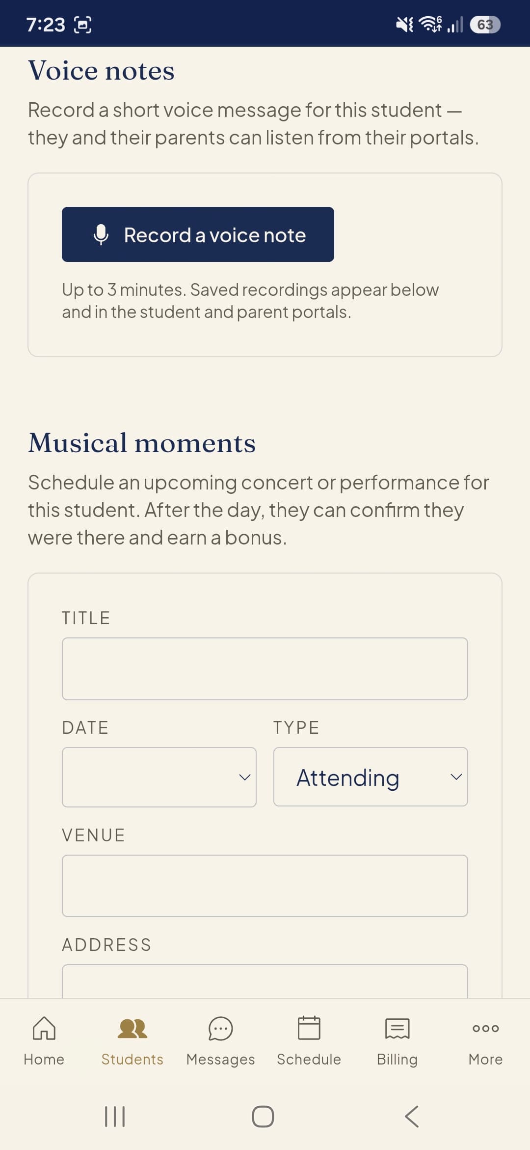 Record voice notes and schedule upcoming musical moments like concerts and performances.