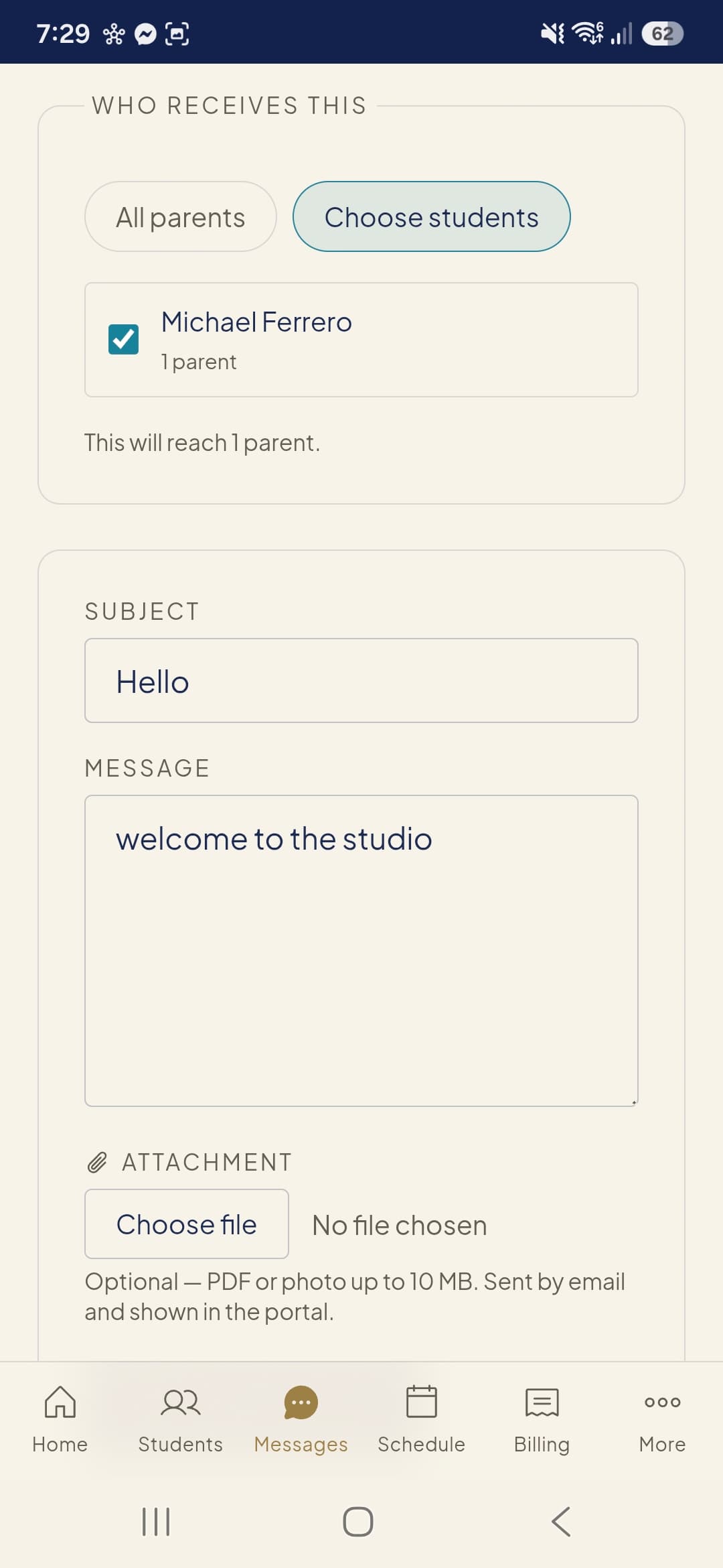 Send studio-wide messages or targeted announcements to specific parents and students.