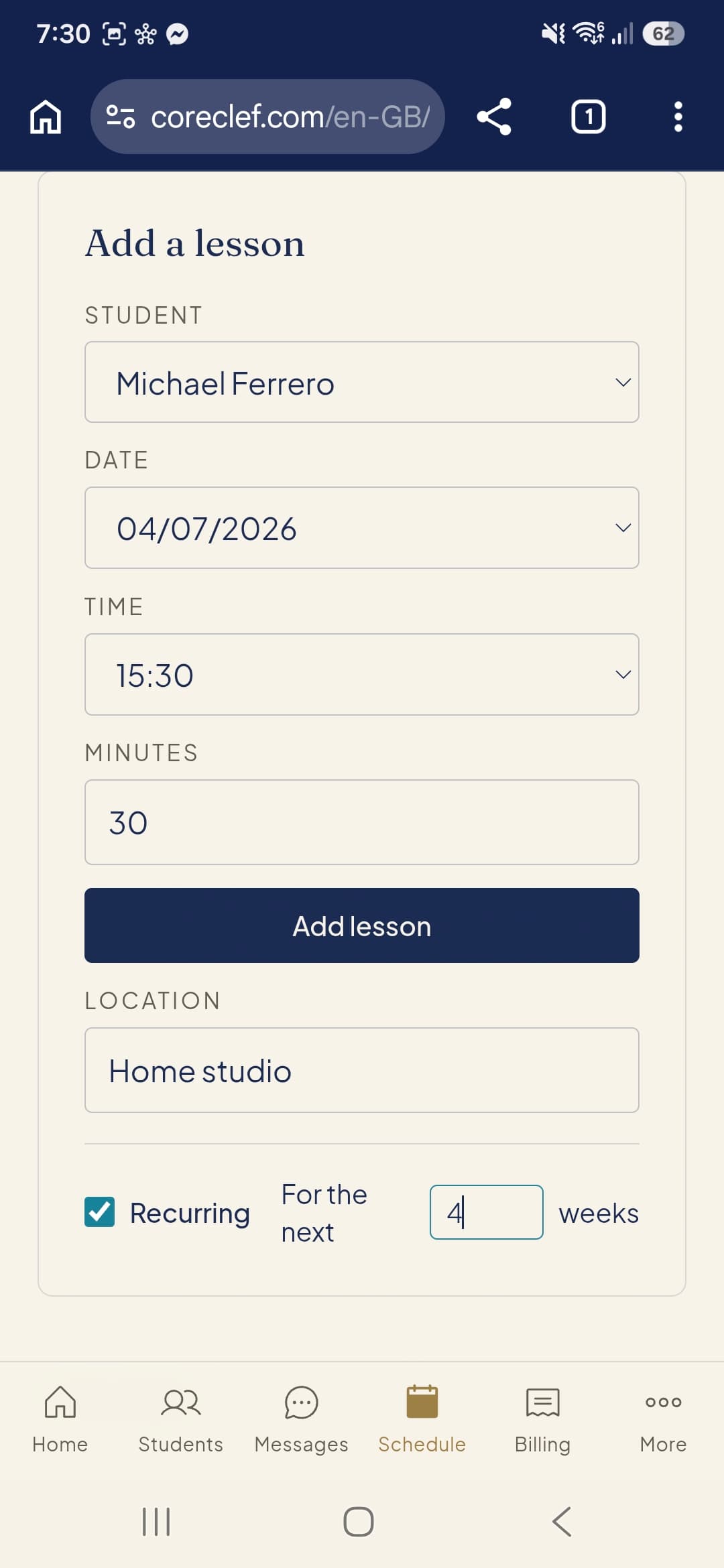 Schedule individual or recurring lessons easily with custom durations and locations.