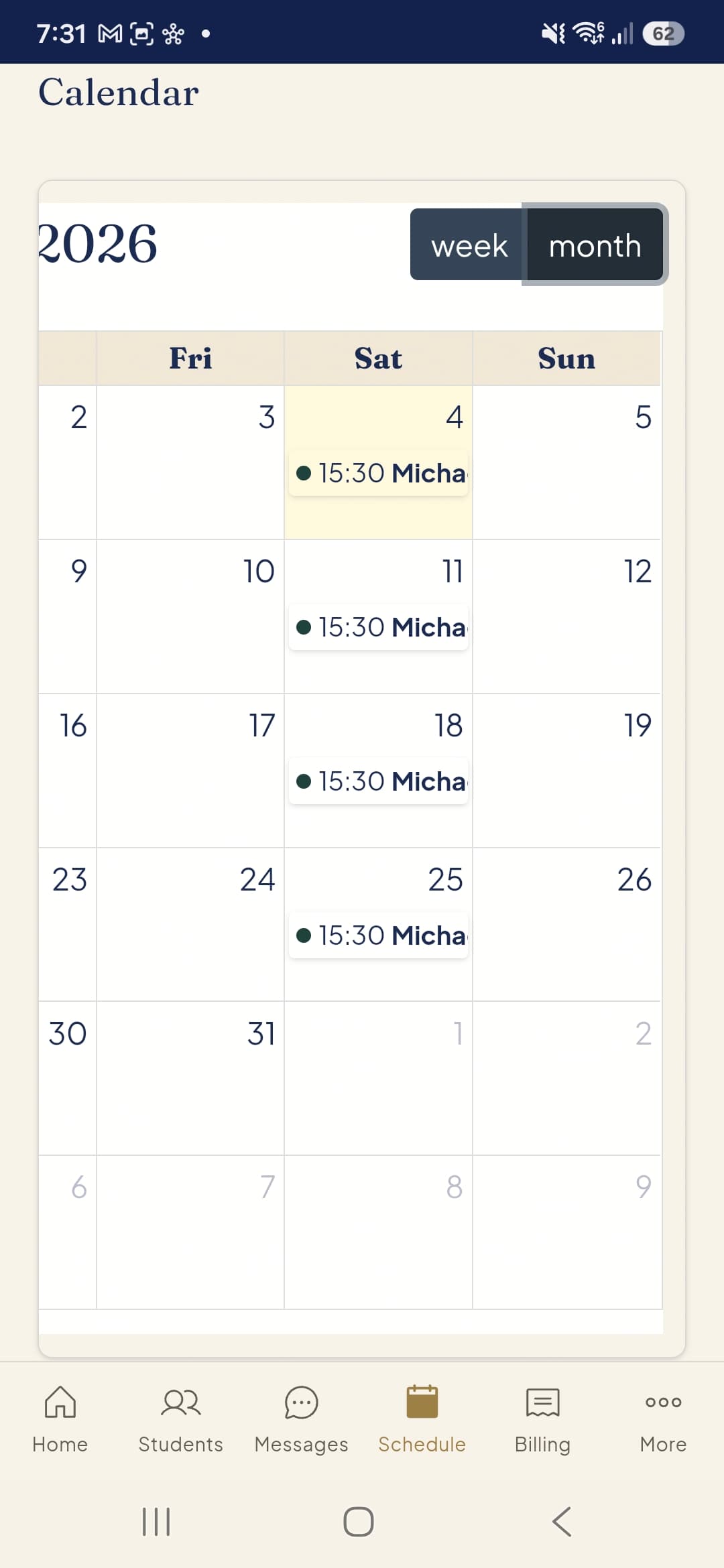 View your complete teaching schedule at a glance with weekly and monthly calendar views.