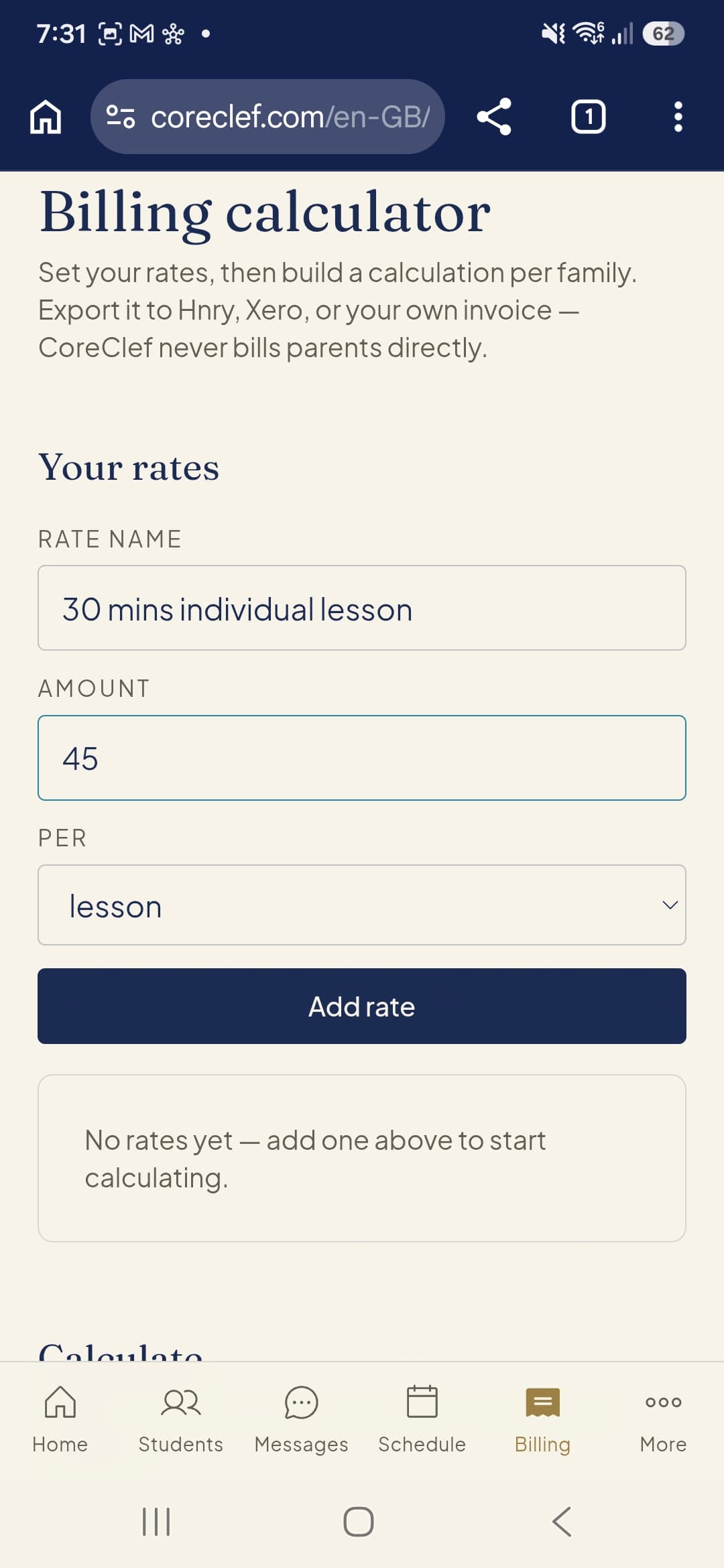 Set up custom billing rates for different lesson types and durations.