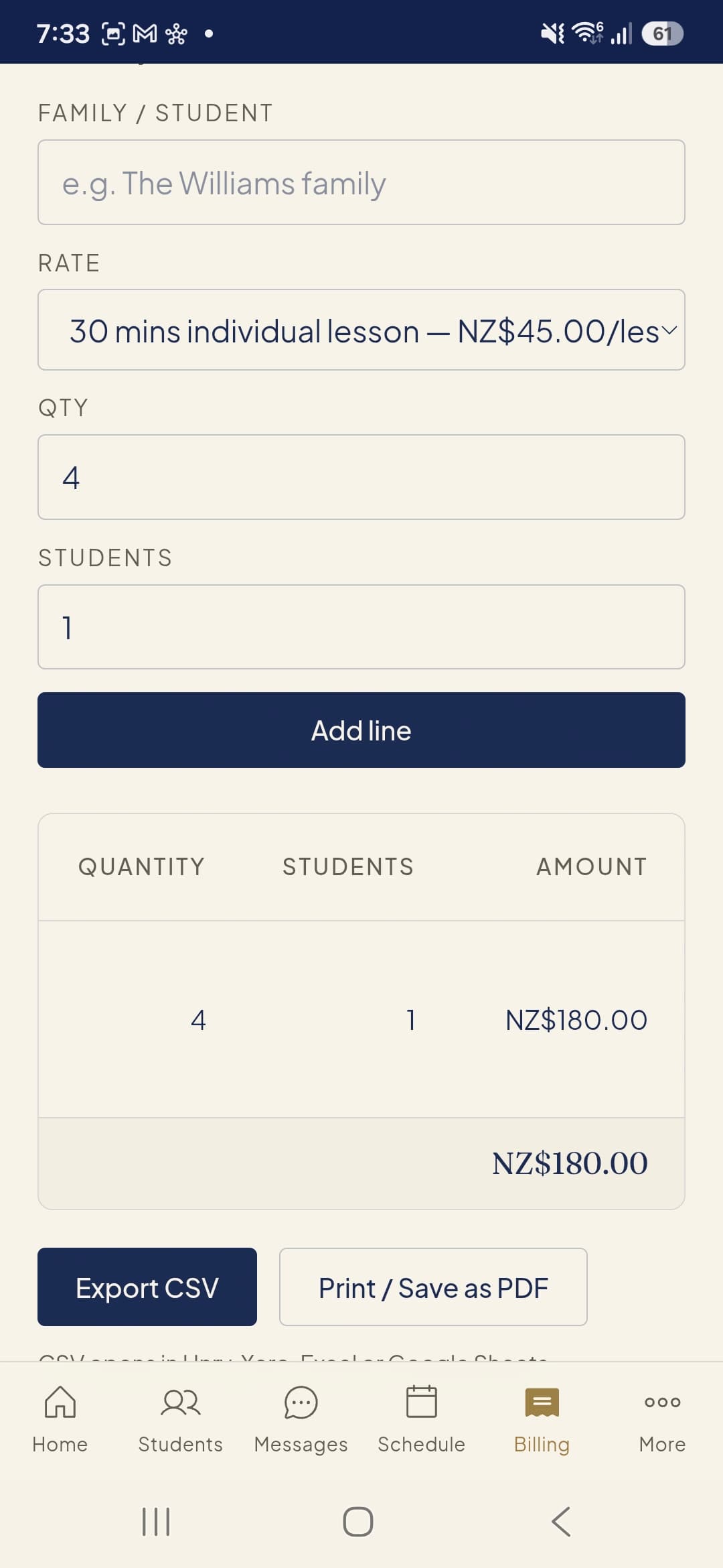 Calculate term fees per family and export invoices as PDFs or CSVs for your accounting software.